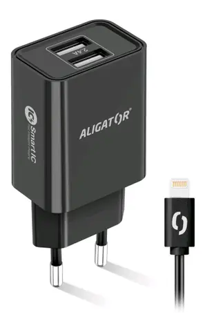 Aligator Smart Netzwerk-Ladegerät 2,4 A Lightning (CHA0044) schwarz / 2xUSB / SMART IC / Lightning-Kabel / Nachverkauf