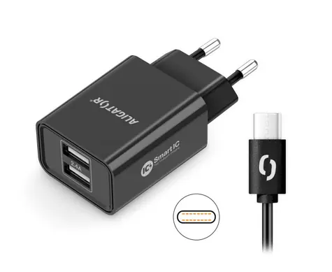 Aligator Smart Netzwerk-Ladegerät 2,4 A USB-C schwarz / 2xUSB / SMART IC / USB-C-Kabel / Nachverkauf