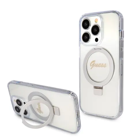 Guess IML Ring Stand Glitter MagSafe Back Cover für Apple iPhone 15 Pro transparent