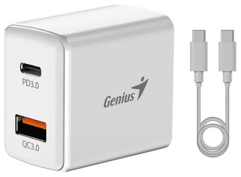Genius PD-20ACP weiß / Ladeadapter + Kabel USB-C (M) - USB-C (M) 1m / 20W / USB-A / USB-C 