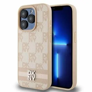 DKNY PU-Leder-Rückseite mit Karomuster und Streifen für Apple iPhone 14 Pro Max, Rosa
