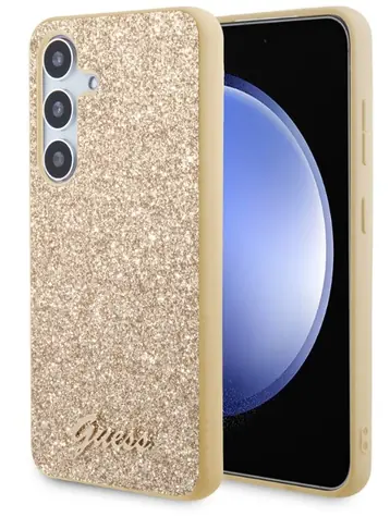 Guess PC/TPU Glitter Flakes Metal Logo Rückseite für Samsung Galaxy S24 Gold