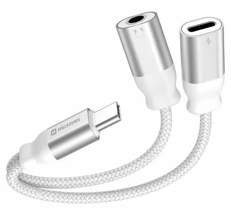 Swissten TEXTILE Lade-Audioadapter USB-C (M) - USB-C (F) - 3,5-mm-Klinke 0,12 m weiß