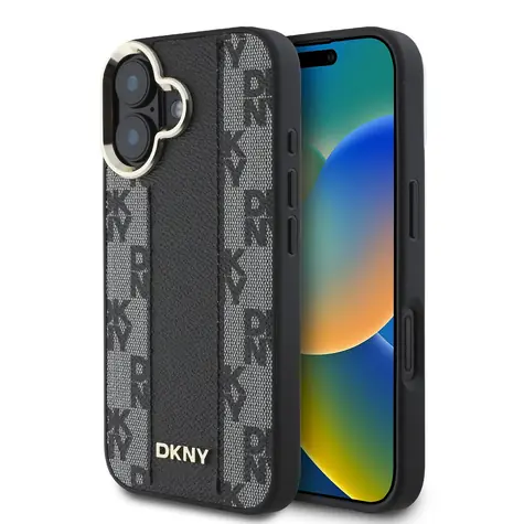 DKNY Magsafe-Rückseite aus PU-Leder mit Karomuster für Apple iPhone 16, Schwarz