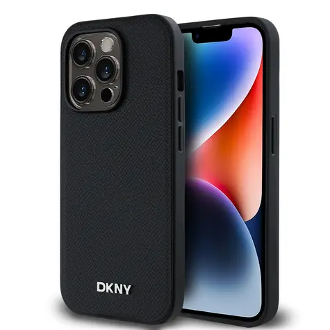 DKNY Magsafe-Rückseite aus PU-Leder mit silbernem Logo für Apple iPhone 14 Pro Max, Schwarz