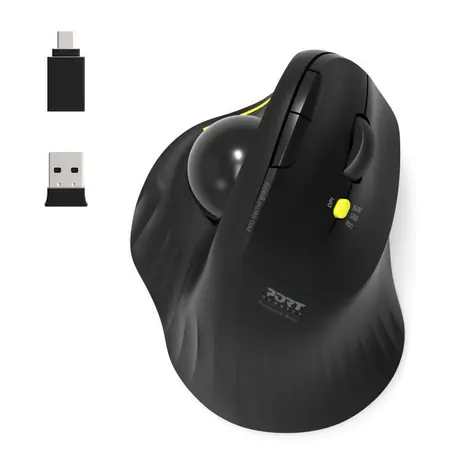 PORT CONNECT ERGONOMISCHER TRACKBALL schwarz / Kabellose ergonomische Maus / 2,4 GHz / USB-A/C / 1600 DPI