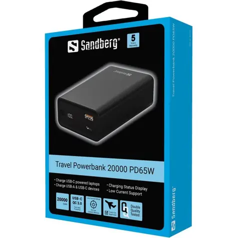 Sandberg Ttravel Powerbank schwarz / USB-C PD 65W / 20000mAh / USB-C / USB-A