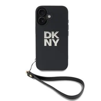 DKNY PU-Leder Stack Logo Handgelenksschlaufe Back Cover für iPhone 16 Schwarz