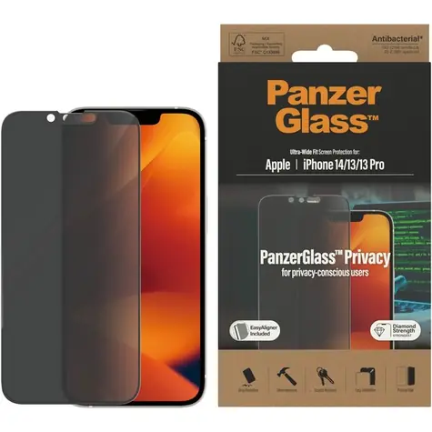 PanzerGlass gehärtetes Glas UWF Privacy AB mit Applikator für iPhone 16e/14/13 Pro/13 schwarz