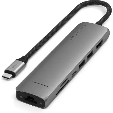 Satechi 7-in-1 USB-C Slim Multiport grau / Netzteil / USB-C / 2x USB-A / HDMI / RJ45 / microSD / SD / PD 100 W