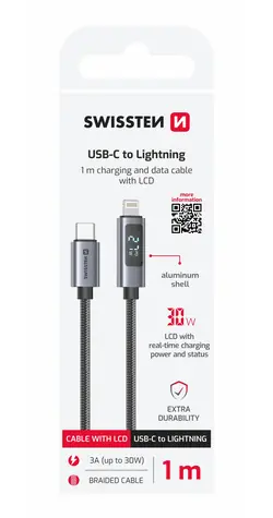 Swissten USB-C-auf-Lightning-Kabel mit LCD-Display, 1 m, schwarz / 30 W / Lightning (Stecker) / USB-C (Stecker)