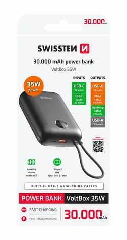 Swissten 22013938 VOLTBOX 30000mAh schwarz / Powerbank mit integrierten Kabeln 