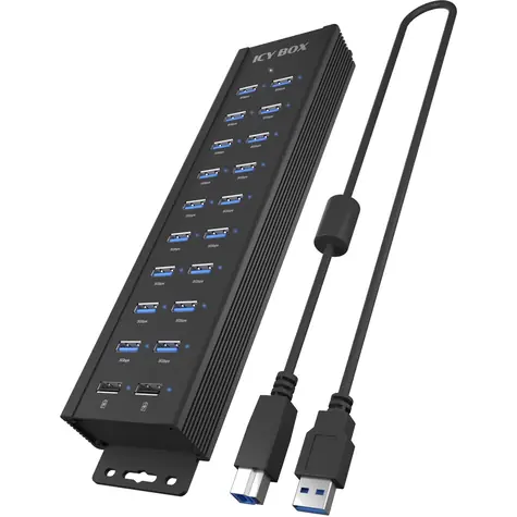 Icy Box IB-HUB 1720-U3 schwarz / USB-Hub / 18x USB-A 3.2 Gen1 / 2x 15W