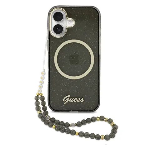 Guess IML Glitter Script Strap MagSafe Back Cover für iPhone 17 Schwarz