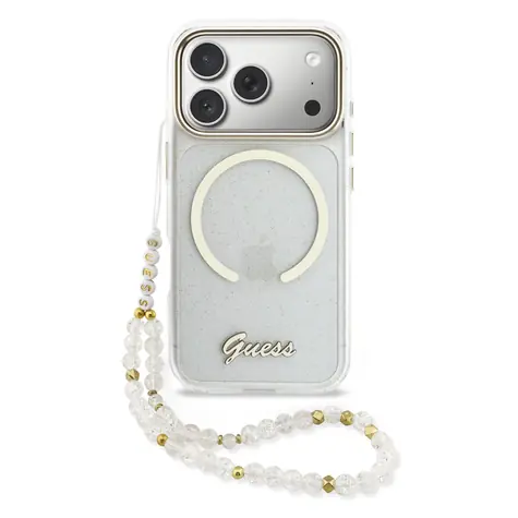 Guess IML Glitter Script Strap MagSafe Rückseite für iPhone 17 Pro Max Transparent