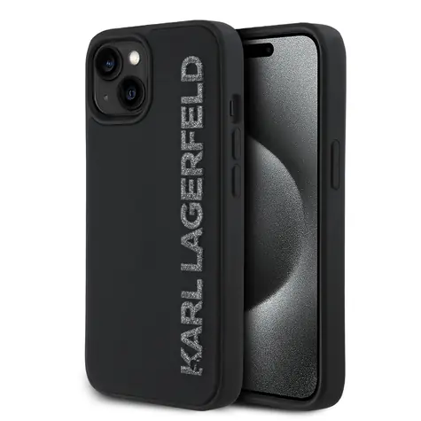 Karl Lagerfeld 3D-Glitzer Logo Rückseite aus Gummi für iPhone 15, Schwarz