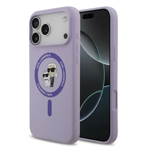 Karl Lagerfeld Flüssigsilikon Karl und Choupette MagSafe Rückseite für iPhone 17 Pro Max Lila