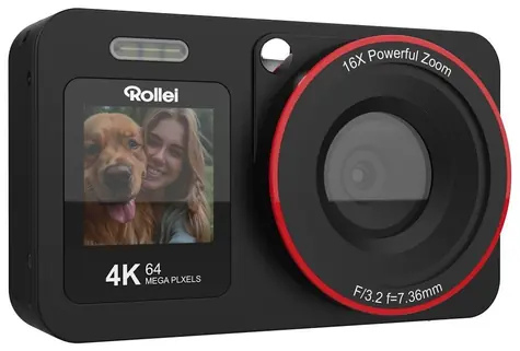 Rollei Compactline 64 Dual Screen, schwarz / 64 MPix / 18-facher Digitalzoom / 2,8" und 1,4" LCD / 4K-Video / microSD