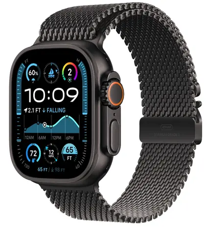 Apple Watch Ultra 2 (2024) GPS+Cellular 49 mm schwarzes Titangehäuse - schwarzes Titan-Milanese-Uhrwerk (M) / 155-185 mm