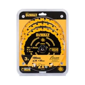 DeWalt DT10399 / Sägeblattsatz / Durchmesser 190 x 30 mm / Zahnstärke 1,65 mm / Zähnezahl 24 / 3 Stück