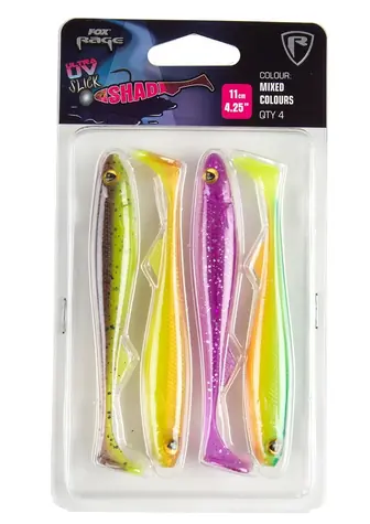 FOX Rage Gummiköder Slick Shad 11 cm gemischte UV-Farbpackung (NMC036) 4 Stück