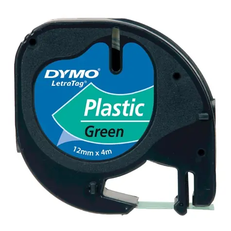 Dymo Original-Etikettendruckerband 12 mm x 4M (grüner Hintergrund) / schwarzer Druck / LetraTag-Kunststoffband
