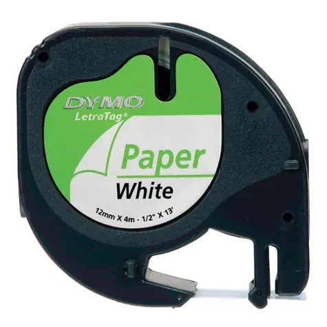 Dymo Original-Etikettendruckerband 12 mm x 4M (weißer Hintergrund) / schwarzer Druck / LetraTag-Papierband