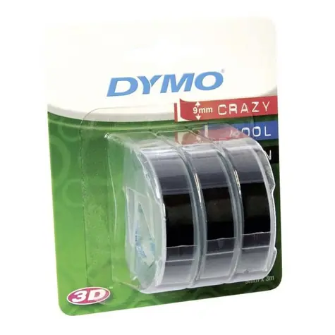 Dymo Original Etikettendruckerband 9 mm x 3M (schwarzer Hintergrund) 3 Stück / weißer Druck / 3D