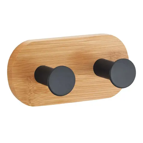 MSV YONO selbstklebender Kleiderbügel mit 2 Haken schwarz / Bambus / Stahl / 94 x 53 x 36 mm