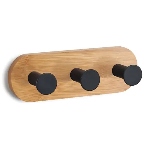 MSV YONO selbstklebender Kleiderbügel mit 3 Haken schwarz / Bambus / Stahl / 135 x 45 x 36 mm