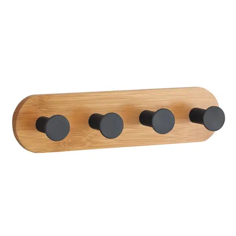 MSV YONO selbstklebender Kleiderbügel mit 4 Haken schwarz / Bambus / Stahl / 18 x 4,5 x 3,6 cm