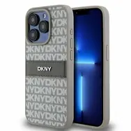DKNY PU-Leder-Rückseite mit Ton-in-Ton-Streifenmuster und wiederkehrendem Muster für Apple iPhone 14 Pro Max Beige