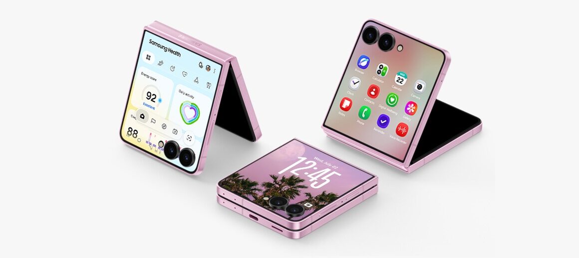 Tři telefony Galaxy Z Flip8 s widgety na vnějším displeji