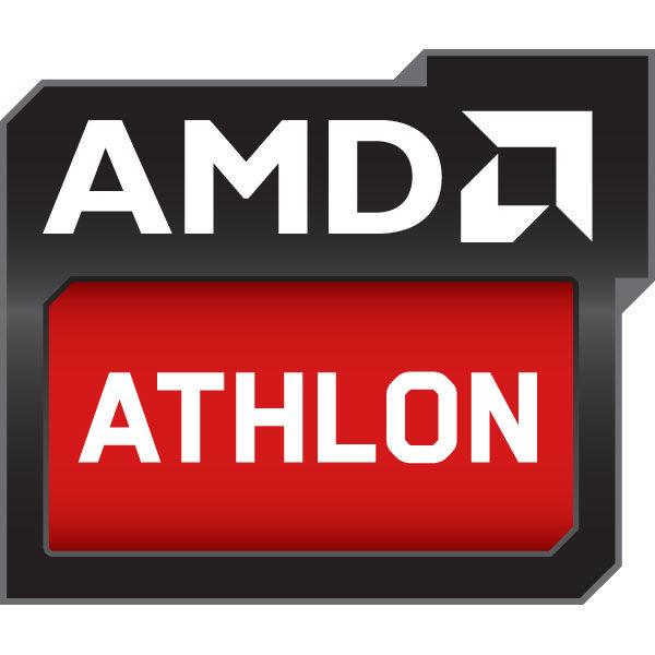 Logo des AMD Athlon Prozessors – schwarz-weißer AMD-Schriftzug und weißer ATHLON-Text auf rotem Grund