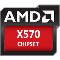 Logo des AMD X570 Chipsatzes – Symbol mit AMD und X570 CHIPSET auf rotem Hintergrund