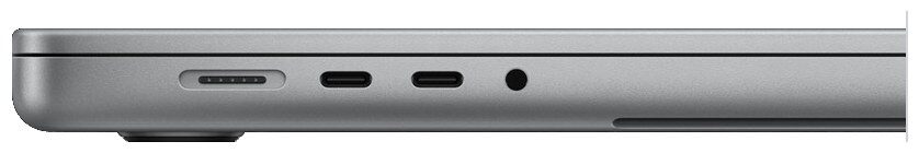 Levá strana 16palcového MacBooku Pro - MagSafe 3, dva porty Thunderbolt 5 a sluchátkový konektor