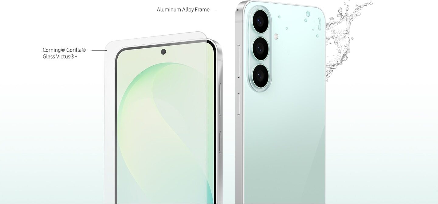 Galaxy S26 FE s vyznačeným hliníkovým rámem a sklem Corning Gorilla Glass Victus+