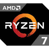 Logo des AMD Ryzen 7 Prozessors – schwarzes Emblem mit orangem Ring und AMD-Markenzeichen