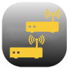 Client-Modus-Symbol: zwei gelbe Router drahtlos per WLAN-Signal verbunden auf dunklem Hintergrund