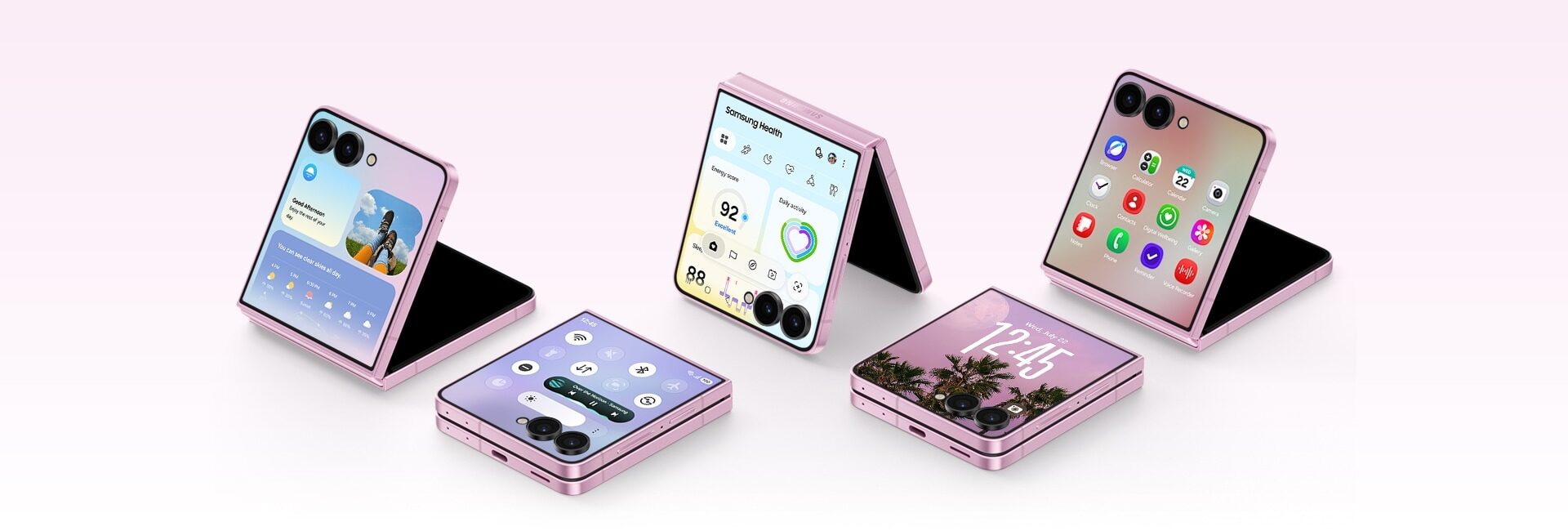 Pět telefonů Galaxy Z Flip8 s různým rozvržením okna FlexWindow