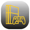 Symbol einer Spielkonsole mit Controller, gelbe Umrisse auf dunklem Hintergrund