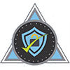 Schutz-Symbol – blauer Schild mit grünem Häkchen im dreieckigen Emblem, Zeichen für Sicherheit und Garantie