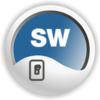 Symbol für Software-Umschaltbarkeit – blauer Kreis mit Schriftzug SW und Schalter-Symbol