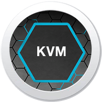 KVM-Switch-Symbol – rundes Abzeichen mit blauem Sechseck und Schriftzug KVM