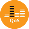 QoS-Symbol – Netzwerk-Dienstgüte QoS-Symbol – oranges Icon mit Diagramm zur Priorisierung des Netzwerkverkehrs für Dienstgüte