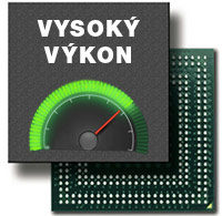 Symbol für hohe Leistung – Tachometer mit der Aufschrift VYSOKÝ VÝKON vor Prozessor-Hintergrund