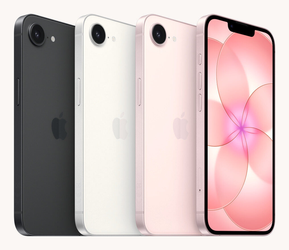 Apple iPhone 17e v barvách černá, bílá a jemně růžová