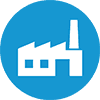 Symbol für industriellen Einsatz — weiße Fabrik auf blauem kreisförmigem Hintergrund