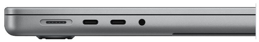 Levá strana 14palcového MacBooku Pro - MagSafe 3, dva porty Thunderbolt 5 a sluchátkový konektor