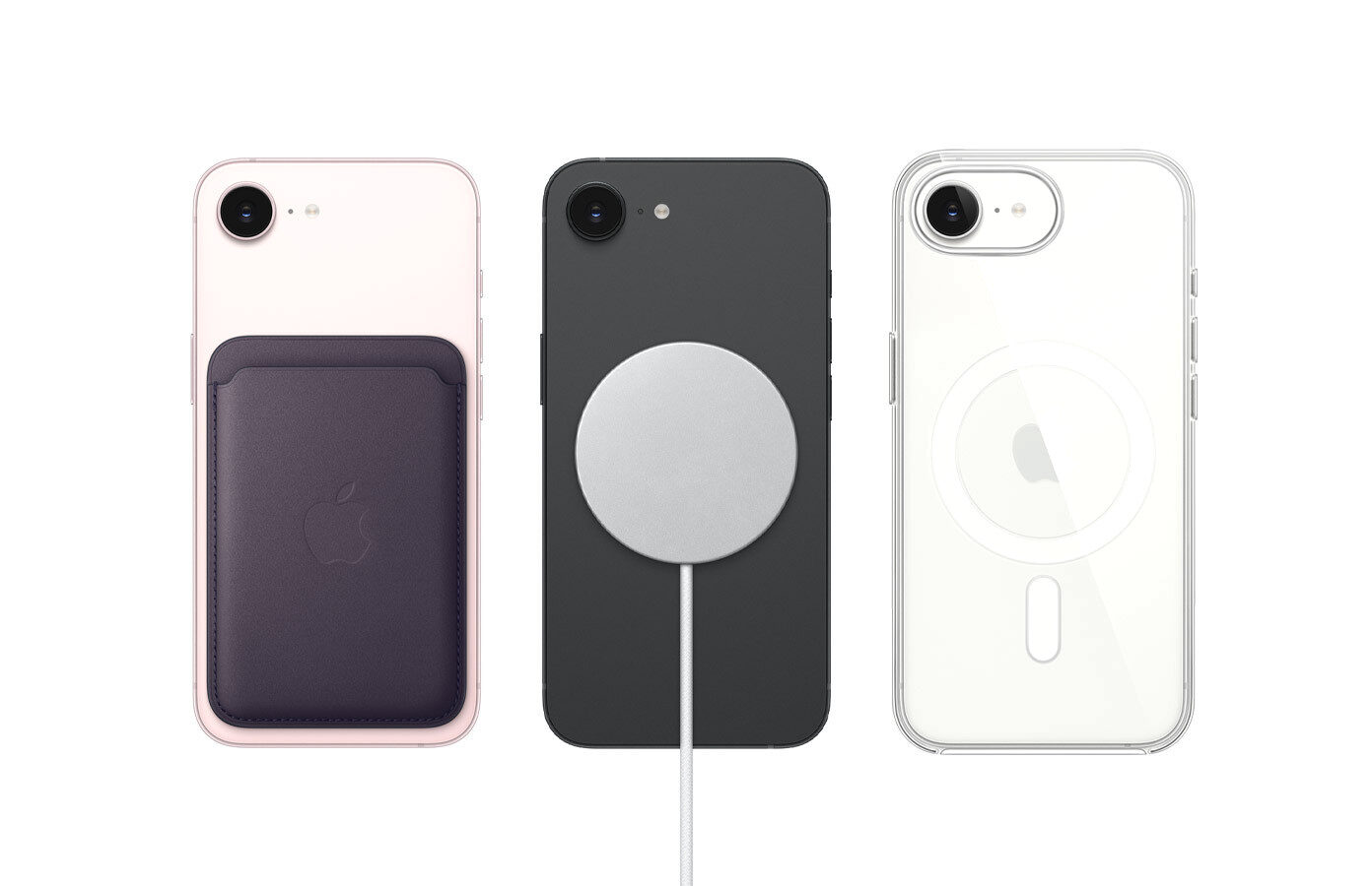 iPhone 17e s MagSafe nabíječkou, peněženkou a průhledným krytem